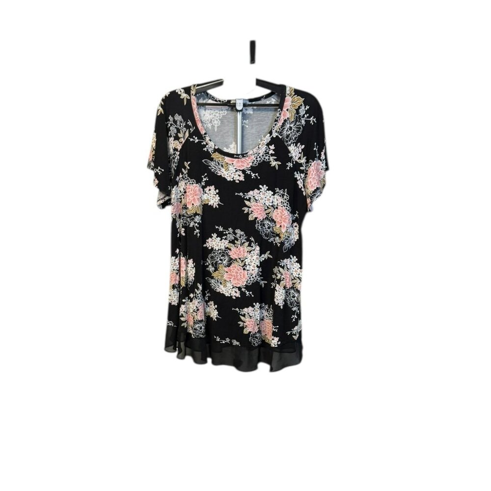 Women's Larace crew neck short sleeve - Black w/ flowers 4X